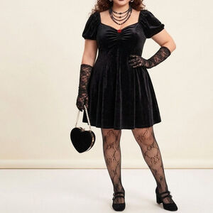 Dark Coquette Black Velvet Babydoll Dress Gothic Romantic Puff Sleeves Large